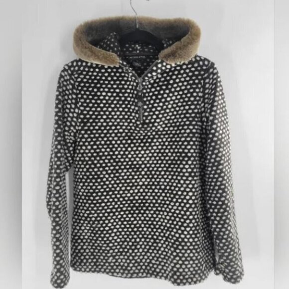 ATHLETA Faux Fur Hoodie Size S brown White Polka Dot Wool Blend 1/2 sweater - Picture 1 of 4